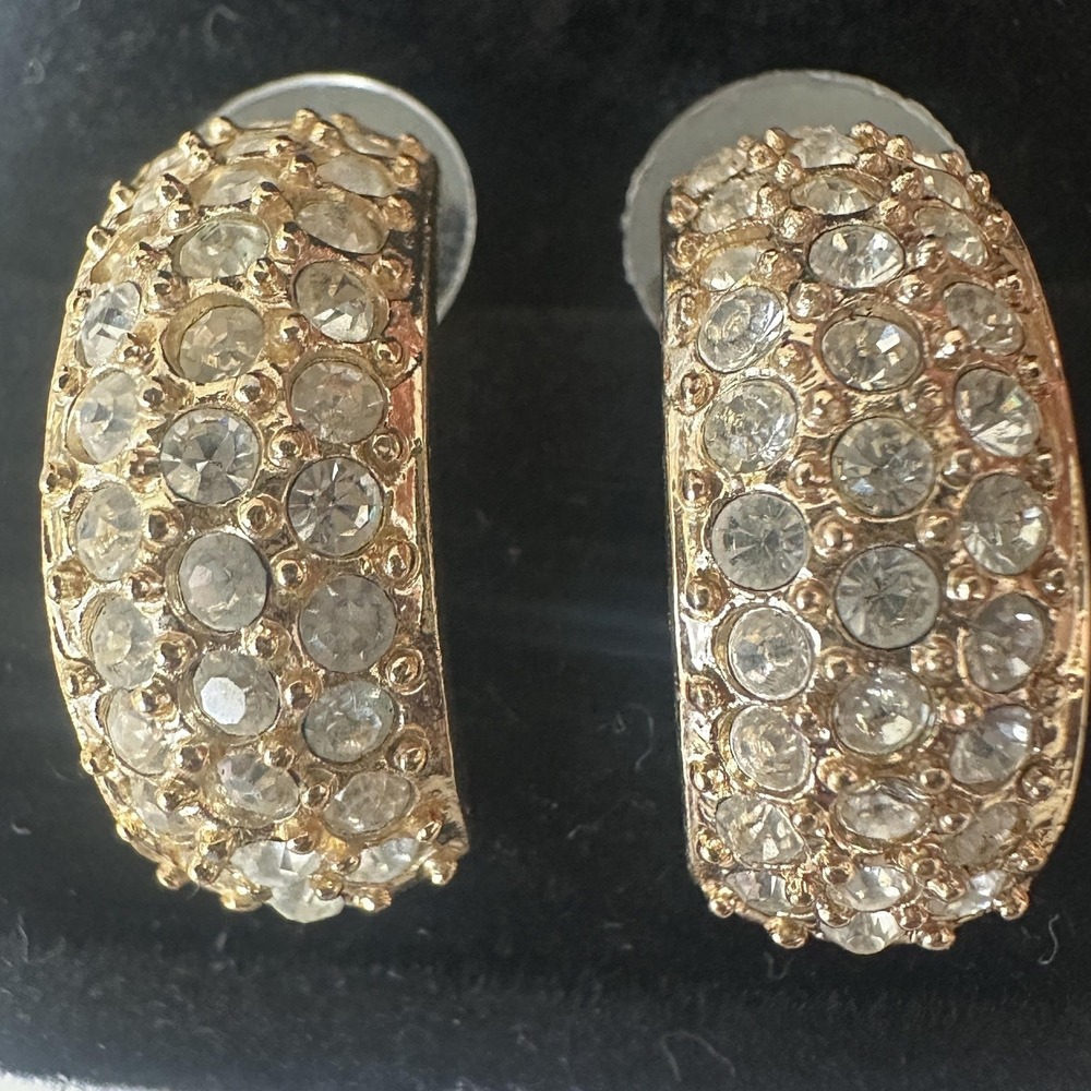 Vintage Signed Roman GoldTone Rhinestone Hoop Earrings 1" Pave Sparkle Statement